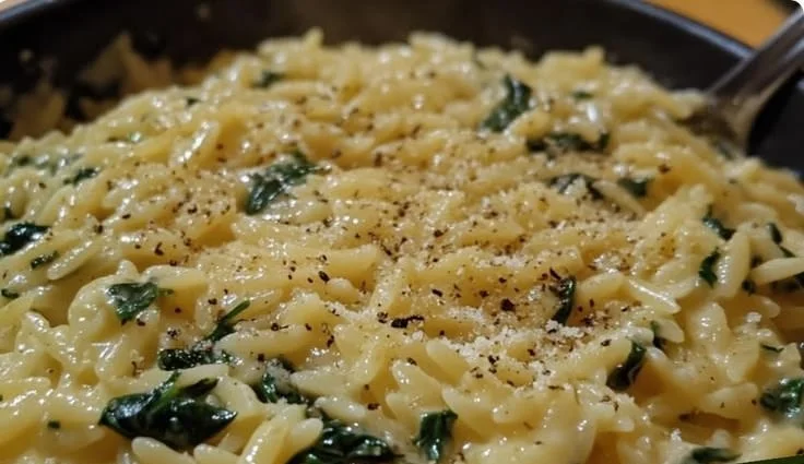 Bowl of creamy garlic spinach orzo topped with fresh spinach and garlic