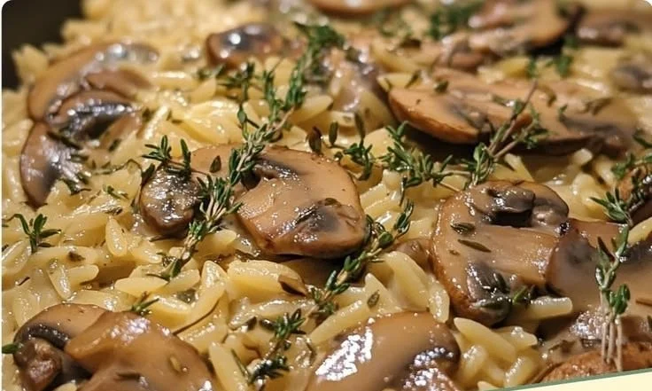 One-Pot Creamy Mushroom Thyme Orzo dish served in a bowl