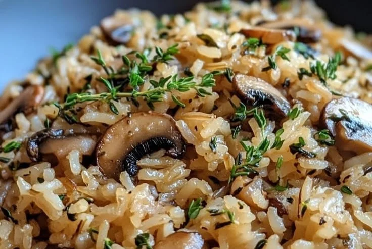 Serving of creamy mushroom thyme rice in a bowl