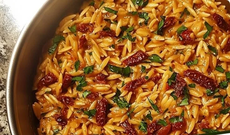 One-Pot Creamy Sun-Dried Tomato Orzo in a bowl garnished with herbs