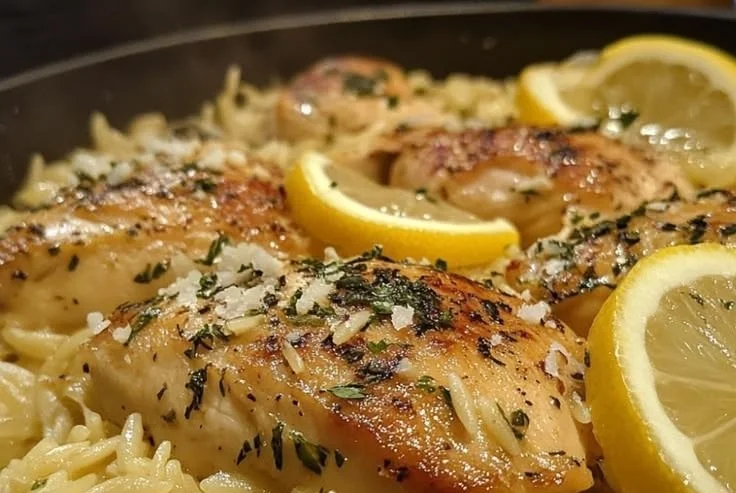 One-pot lemon garlic chicken with orzo in a skillet