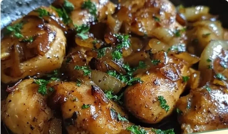 Delicious Orange Ginger Chicken served with caramelized onions on a plate