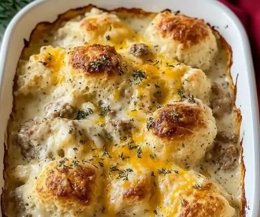 Overnight Biscuits and Gravy Casserole served on a plate with sausage gravy