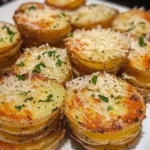Oven-baked Parmesan potato stacks, crispy and cheesy, served on a plate.