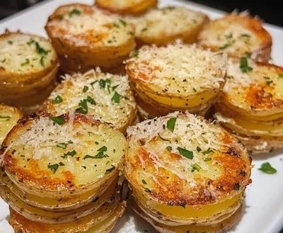 Oven-baked Parmesan potato stacks, crispy and cheesy, served on a plate.