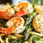 Pesto shrimp pasta with asparagus in a bowl, garnished with parmesan cheese.