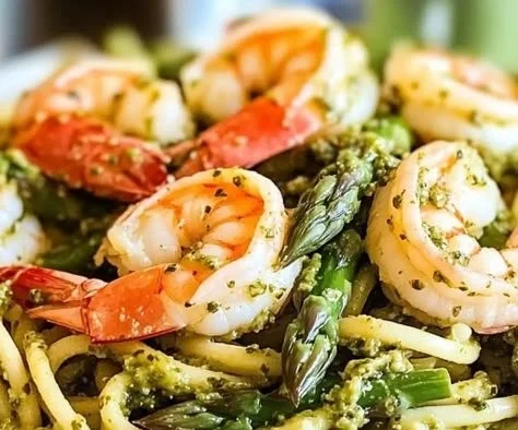 Pesto shrimp pasta with asparagus in a bowl, garnished with parmesan cheese.