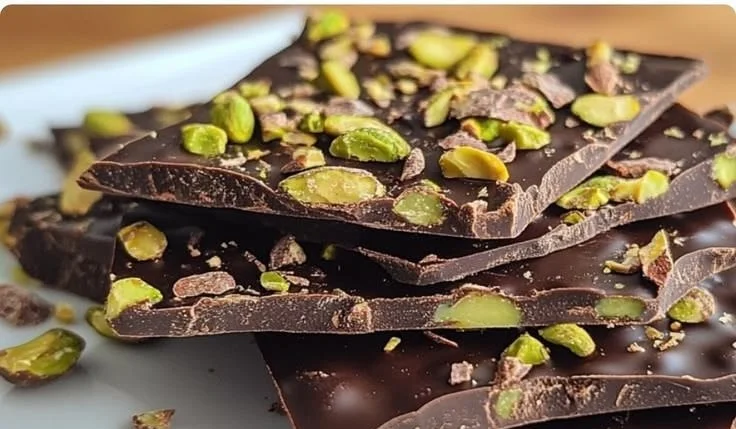 Delicious homemade Pistachio Dark Chocolate Bark with nuts