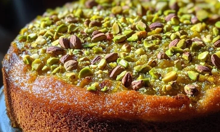Pistachio Cardamom Olive Oil Cake with a moist and flavorful twist