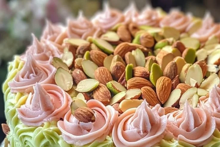 Delicious pistachio rose almond cake with garnishes and floral decorations