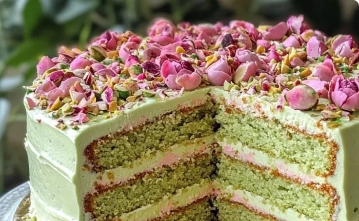 Sliced Pistachio Rose Milk Cake garnished with nuts and rose petals