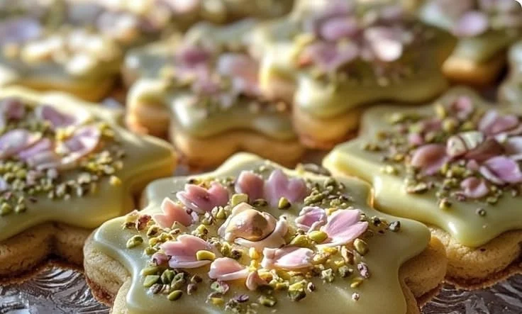 Pistachio Rosewater Easter Cookies beautifully decorated for spring celebrations