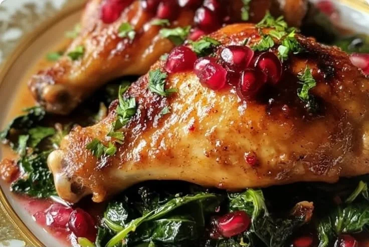 Plate of pomegranate molasses chicken served with wilted greens.