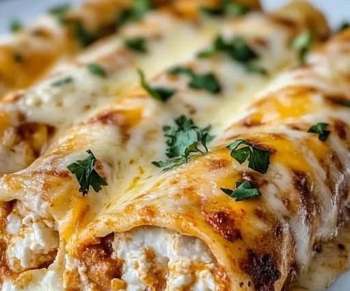 Plate of Protein Cottage Cheese Chicken Enchiladas topped with fresh ingredients