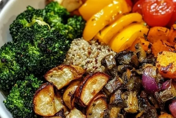 Healthy quinoa and roasted veggie bowl topped with fresh herbs and a colorful array of vegetables.