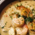 Bowl of rich and indulgent seafood soup with fresh ingredients