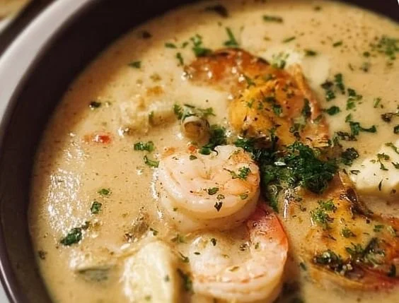 Bowl of rich and indulgent seafood soup with fresh ingredients