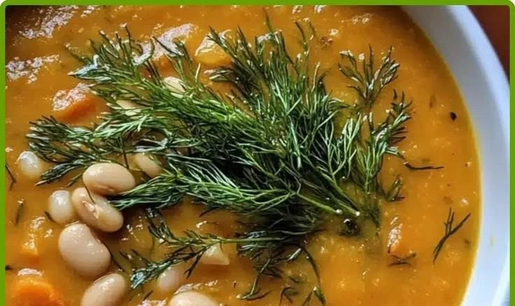 Bowl of roasted carrot and fennel soup with white beans garnished with herbs