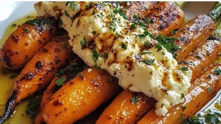 Plate of roasted carrots drizzled with maple glaze and topped with whipped feta