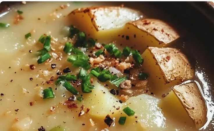 Bowl of roasted garlic potato and leek soup garnished with fresh herbs.