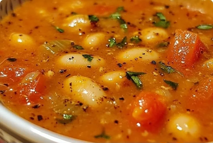 Bowl of roasted garlic tomato soup with white beans, garnished with herbs