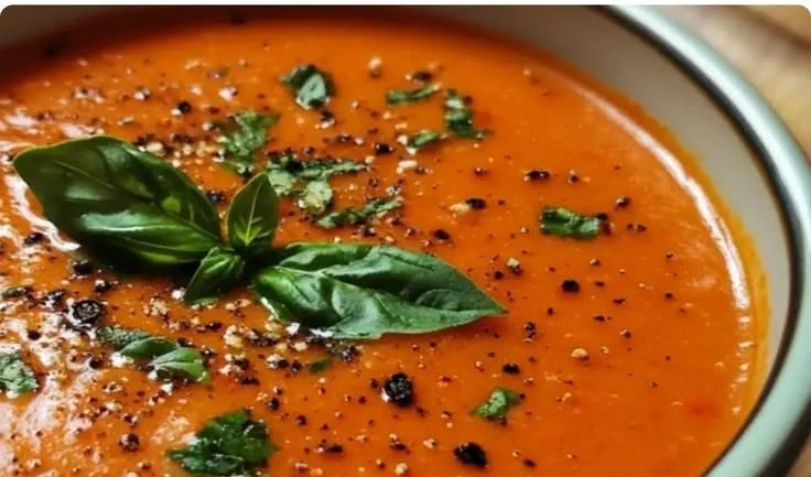 Bowl of roasted red pepper and tomato soup garnished with fresh herbs.
