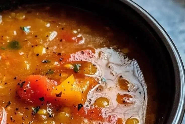 Bowl of Roasted Tomato, Red Pepper, and Lentil Soup with fresh herbs