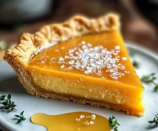 Slice of decadent salted whiskey honey pie topped with caramel and nuts