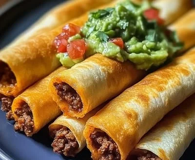 Delicious homemade beef taquitos ready to enjoy with toppings.