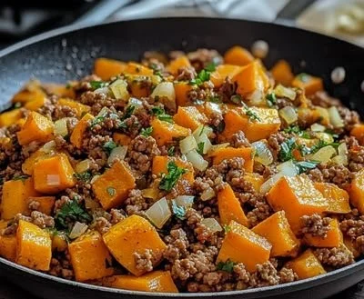 Ground turkey sweet potato skillet dish garnished and ready to serve.