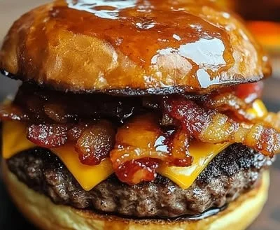 Juicy maple bacon whiskey burgers topped with crispy bacon and maple glaze.