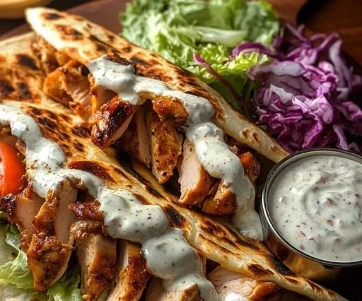 Delicious chicken shawarma with garlic sauce served on a plate