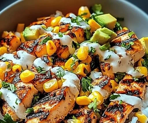 Savory Street Corn Chicken Rice Bowl, a healthy dinner option with vibrant flavors.