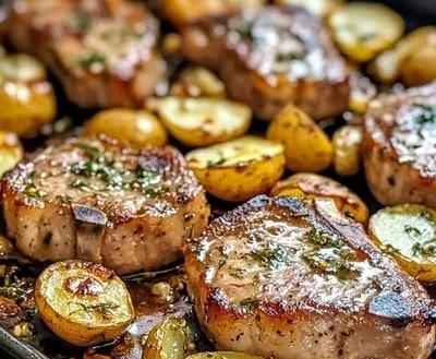 Sheet pan pork chops with potatoes prepared in 30 minutes, easy and delicious meal.