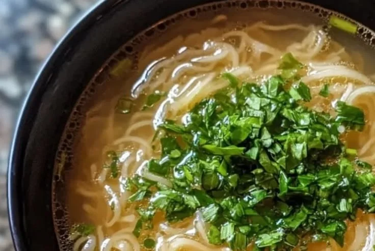 Bowl of silky onion noodle broth soup garnished with herbs and noodles