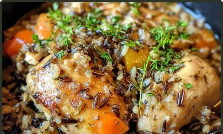 Slow cooker chicken with wild rice dish served in a bowl.
