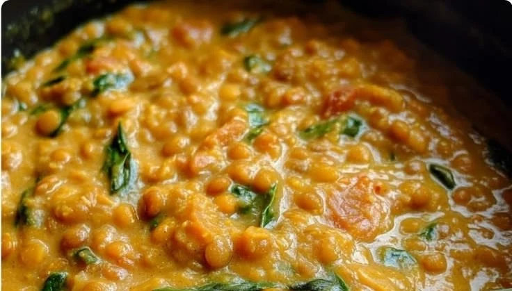 Delicious slow cooker creamy coconut lentils with spinach in a bowl