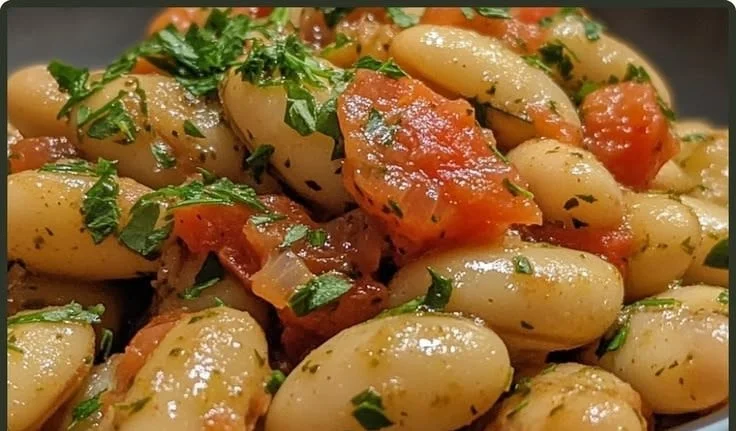 Delicious slow cooker tomato herb butter beans dish with fresh herbs and spices