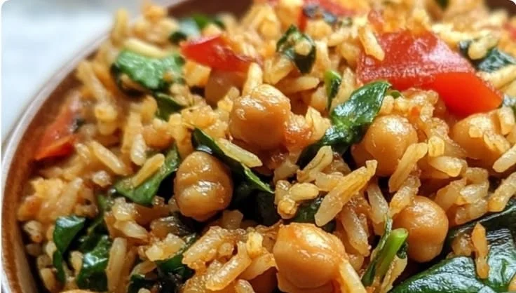 Delicious Smoky Chickpea Spinach Rice served in a bowl, showcasing its vibrant colors