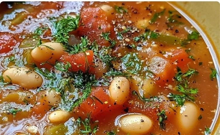 Bowl of smoky tomato white bean soup with fennel garnished with herbs