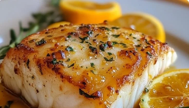 Plate of Spanish Citrus Garlic Roasted Cod with vibrant citrus and garlic flavors