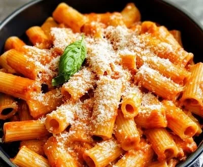 Delicious Spicy Rigatoni Vodka Pasta topped with fresh herbs and chili flakes.