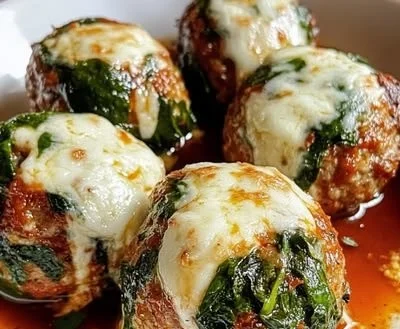 Spinach garlic meatballs stuffed with mozzarella on a plate