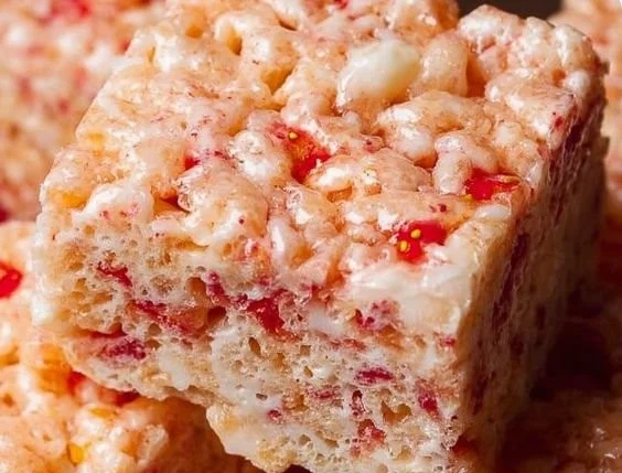 Delicious strawberry Rice Krispie treats with pink marshmallow topping
