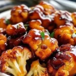 Dish of sweet and savory glazed baked cauliflower served on a plate.