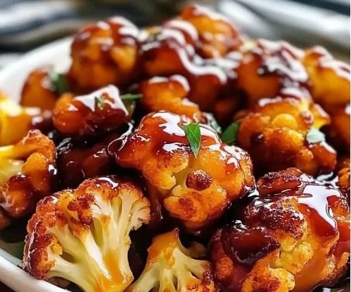 Dish of sweet and savory glazed baked cauliflower served on a plate.