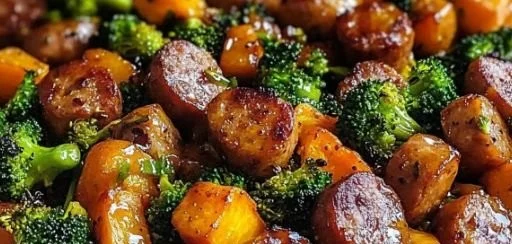 Delicious honey garlic sausage on a sheet pan with colorful vegetables