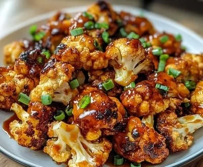 Sweet and spicy baked cauliflower oven roasted to perfection on a baking sheet