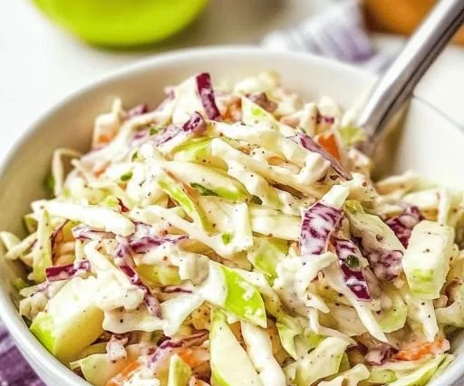 Sweet and tangy apple coleslaw salad served in a bowl with fresh ingredients