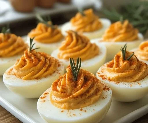 Delicious deviled eggs served as a Thanksgiving appetizer for the holiday feast